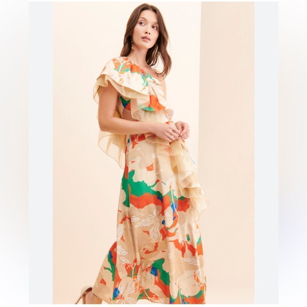 Anthropologie New Mandira Wirk Ruffled One-Shoulder Floral Dress Size Medium